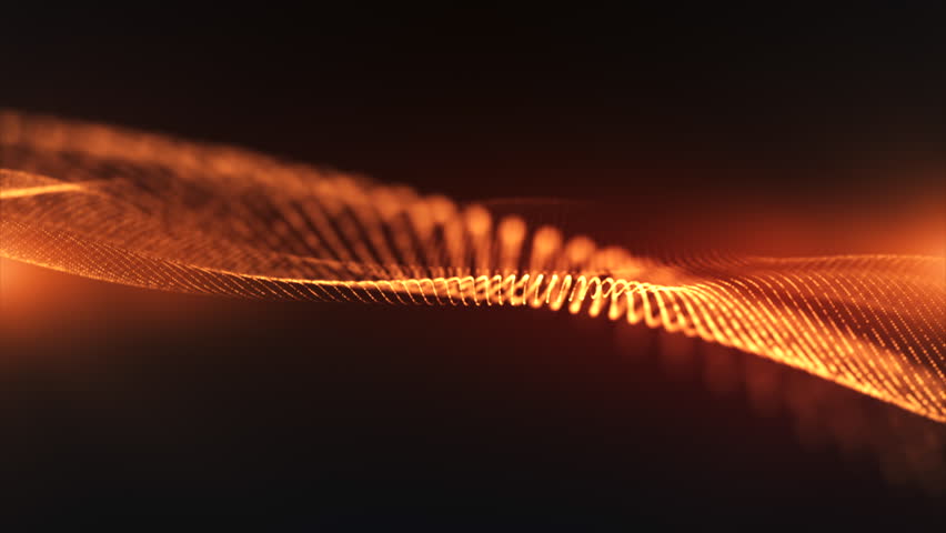 Abstract golden digital waves with light reflections on dark background. Orange cinematic intro animation. Shiny particle waves smoothly moving with soft bokeh effect. Technology, space, ai. 4k loop.	