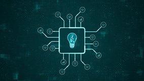 Motion graphic of Blue digital lamp logo and futuristic HUD technology circuit board with tech icon and data transfer on abstract background with lightbulb and ideas concept - Powered by Shutterstock - Get 15% off with code: PIKWIZARD15