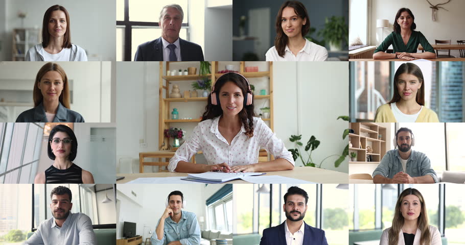 Young Hispanic businesswoman lead virtual meeting event with business partners, diverse colleagues or company clients sit at desk in office looking at camera, make speech use videocall, collage view Royalty-Free Stock Footage #3435917953