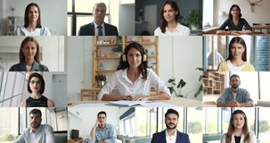 Young Hispanic businesswoman lead virtual meeting event with business partners, diverse colleagues or company clients sit at desk in office looking at camera, make speech use videocall, collage view