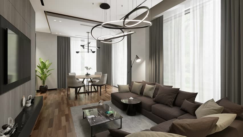 3D-render. A small apartment with a common space of living room, kitchen and dining room in a modern style.