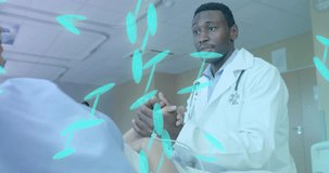 Animation of dna strand over diverse male doctor and patient in hospital. Global medicine, science, data processing and digital interface concept digitally generated video.