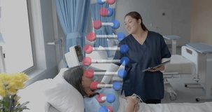 Animation of dna strand over diverse female doctor and patient in hospital. Global medicine, science, data processing and digital interface concept digitally generated video.