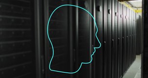 Animation of flashing blue head with ai cog brain over server room. Data, digital interface, connection, communication and artificial intelligence, digitally generated video.