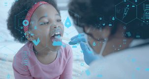 Animation of network of medical icons over african american female doctor swab testing girl patient. Digital interface, connection, hospital and healthcare, digitally generated video.