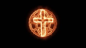 The light cross symbol runs in a loop. There is a rotating globe on a transparent background, a shadow glowing symbol, a 4K video.