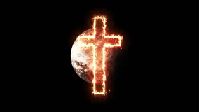 The light cross symbol runs in a loop. There is a rotating globe on a transparent background, a shadow glowing symbol, a 4K video, 