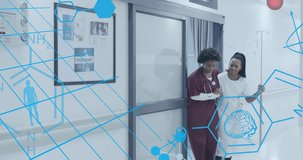 Animation of element structures and icons over african american female doctor supporting patient. Data, digital interface, connection, hospital and healthcare, digitally generated video.
