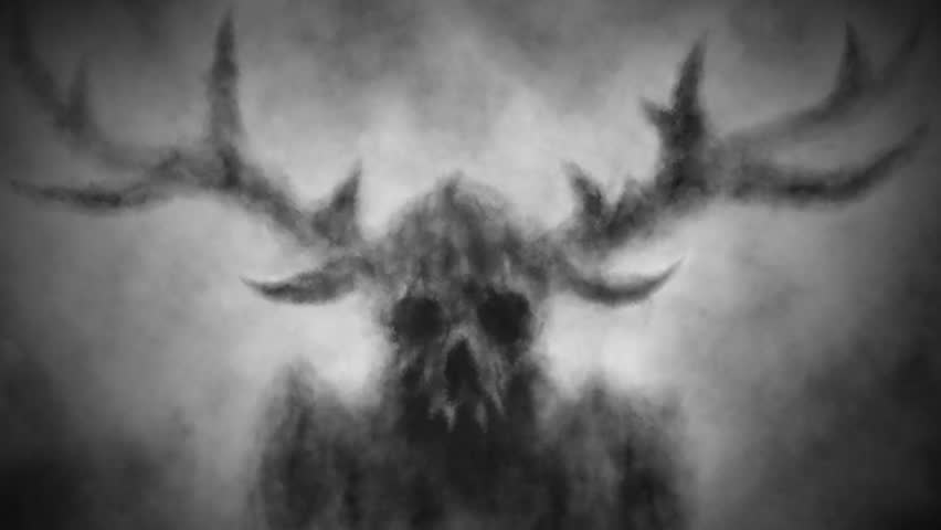 Creepy skull with deer antlers in fog. Scary deer demon. Spooky 2d animation for Halloween. Horror fantasy devilish mask. Gloomy horned monster face. Vj loop video clip. Black and white background.