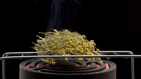 4k close up footage chamomile sprouts dried on dryer plate with heating coil. Process of dehydration of beneficial herbs. Evaporation of excess moisture. Preparation of raw materials for further use.
