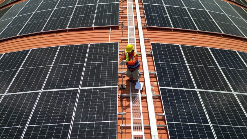 Worker Technicians are working to construct solar panels system on roof. Installing solar photovoltaic panel system. Men technicians carrying photovoltaic solar modules on roof. Royalty-Free Stock Footage #3436136291