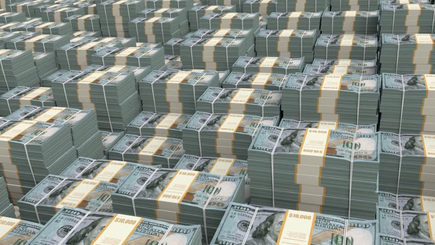 Endless bundles of hundred dollar bills – 3d render, 60fps., looped.