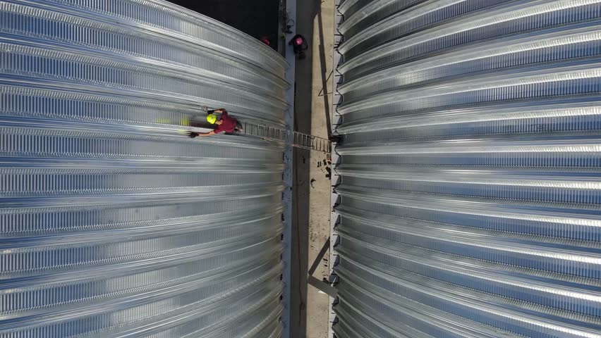 Assemblers are building a frameless hangar for a grain store. Taken from a drone Royalty-Free Stock Footage #3436223357
