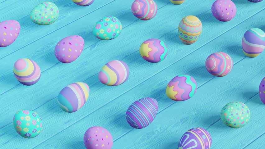 Assorted colourful Easter eggs on a vibrant turquoise wooden surface scattered in a playful arrangement. Royalty-Free Stock Footage #3436250029