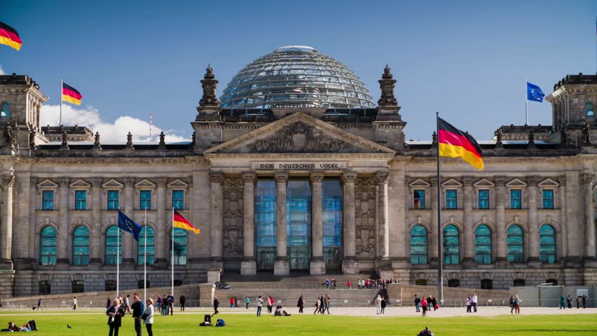 Reichstag facade view with German flags in Berlin, Germany Royalty-Free Stock Footage #3436332193