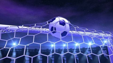 Soccer ball slowly flies in the goal against night stadium background, 3d animation