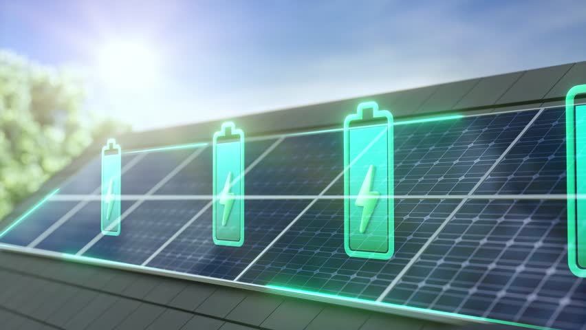 Solar panels on a roof with glowing battery icons, symbolizing energy storage.