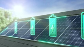 Solar panels on a roof with glowing battery icons, symbolizing energy storage. - Powered by Shutterstock - Get 15% off with code: PIKWIZARD15
