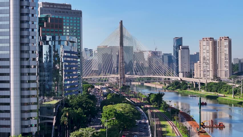Cable Bridge At Cityscape Sao Paulo Brazil. Viaduct Busy Transit Cityscape Sao Paulo. Business Sky Downtown Cityscape. Business Drone View Downtown Backgrounds Up Above.