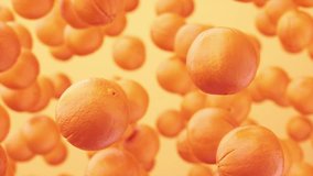 Oranges fly and rotate on an orange background. Mandarin, tangerine, oranges. Slow motion. 3d animation, 4K