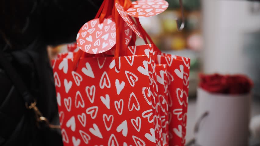 Sale for Valentine's Day. close-up. red paper gift bags with hearts. gifts for Valentine's day, as an expression of feelings and love. shopping for Valentine's Day Royalty-Free Stock Footage #3436561211