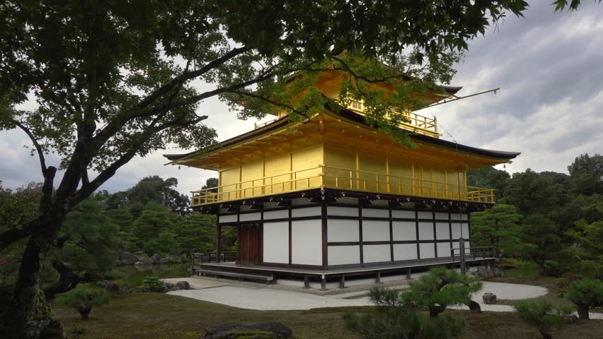 Smooth Dolly Motion at Golden Pavillion at Kinkaku-ji Temple in Kyoto, Japan