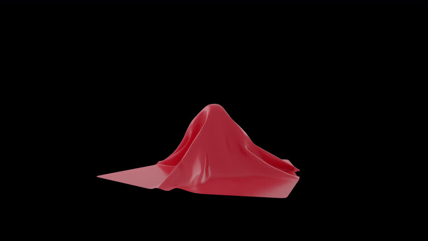 Animation of cloth revealing product. 3d render, transparent background, empty space. Satin or silk red fabric is pulled up to show product. Motion graphics template. 4k stock footage