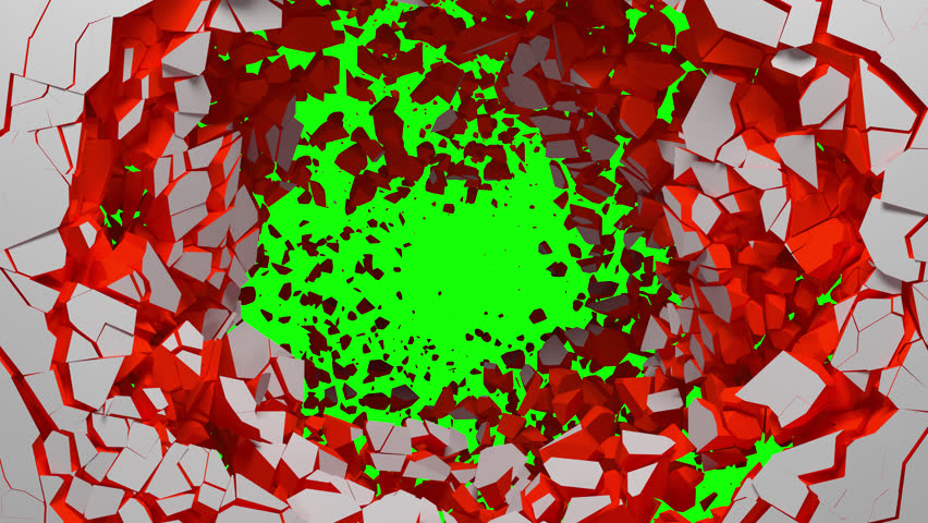 Orange ground with a white surface cracks, breaks and falls into a hole revealing a green screen and transparent background. 3D animated intro with chroma key and alpha channel ProRes. 3D Illustration