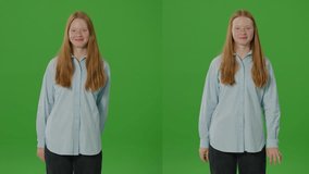 2-in-1 Split Green Screen. Delightful Girl Forms A Heart With Her Hands, Radiating Love And Warmth. A Symbolic Gesture Of Affection And Positivity In A Digital Age