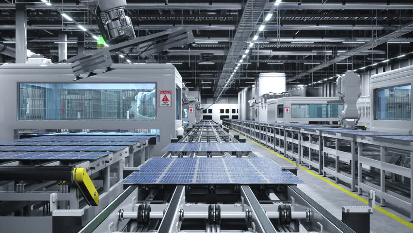 Autonomous robot arms in cutting edge solar panel factory maneuvering photovoltaic modules. PV cells produced in renewable energy facility with assembly lines, 3D animation