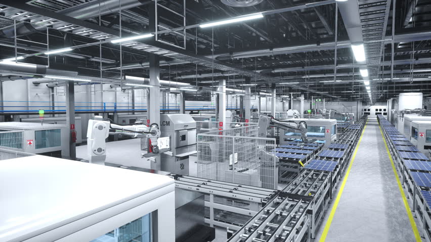 Solar panels being moved on conveyor belts during high tech production process in clean energy factory, 3D render. PV cells used to produce alternative electricity being placed on assembly lines