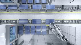 Top view of solar panel conveyor belts operated by robot arms in modern renewable energy factory, 3D animation rendering. Aerial close up shot of photovoltaics production in manufacturing facility - Powered by Shutterstock - Get 15% off with code: PIKWIZARD15
