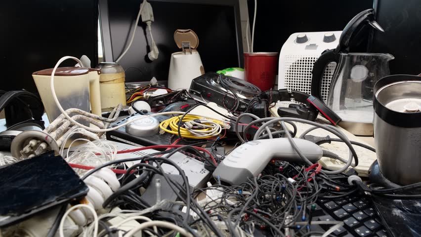 Used electronics which are destined for refurbishment, reuse, resale, salvage recycling through material recovery, or disposal are also considered e-waste Royalty-Free Stock Footage #3436689463