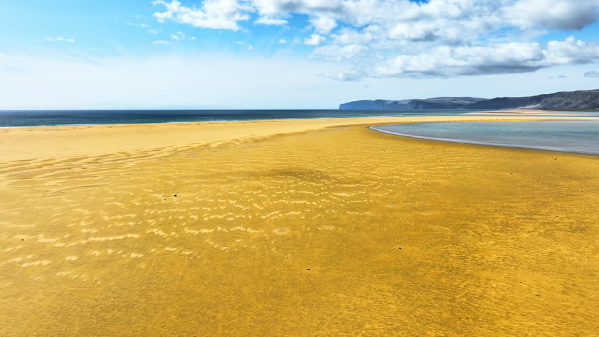 Sandy beach on the ocean, Paradise on the planet, Deserted fabulous landscape, Beautiful yellow sand in Iceland, Travel and summer holiday concept