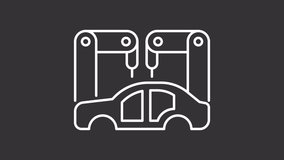 Animated car welding white icon. Robotic manufactured production line animation. Advanced construction. Isolated illustration on dark background. Transition alpha video. Motion graphic