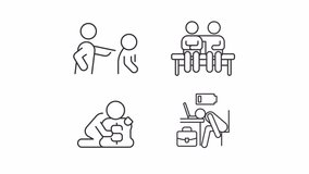 Personal issues animation set. Emotional exhaustion animated line icons. Mental burnout, work pressure. Black illustrations on white background. HD video with alpha channel. Motion graphic