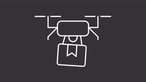 Animated delivering drone white icon. Robotic cargo transportation line animation. Advanced technology assistance. Isolated illustration on dark background. Transition alpha video. Motion graphic - Powered by Shutterstock - Get 15% off with code: PIKWIZARD15
