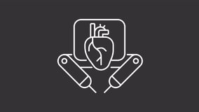 Animated robot operating white icon. Modern surgery technology line animation. Life saving AI assistance. Isolated illustration on dark background. Transition alpha video. Motion graphic
