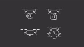 Animated drone delivers white icons. Future transport innovation line animation library. Logistic advancement. Isolated illustration on dark background. Transition alpha. HD video. Icon pack