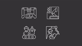 Animated auto production white icons. Manufacture automatization line animation library. Industrial revolution. Isolated illustration on dark background. Transition alpha. HD video. Icon pack