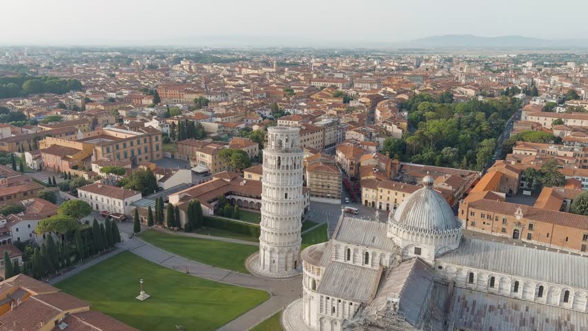 Pisa, Italy. Famous Leaning Tower and Pisa Cathedral in Piazza dei Miracoli. Summer. Morning hours, Aerial View, Point of interest