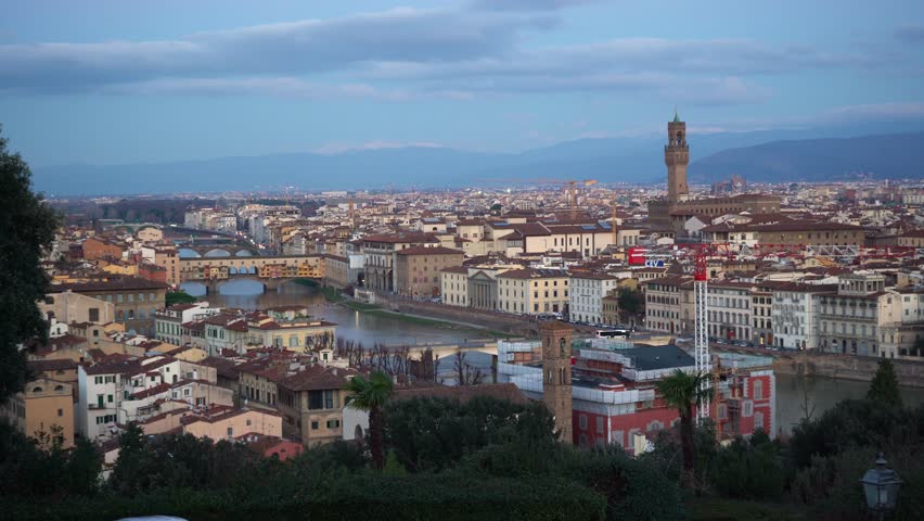 Panorama of Florence at sunrise in winter from Michelangelo Square. The best view in the world.