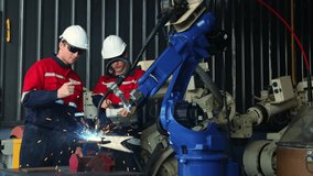 Team mechanical engineers wearing protective goggles operates welding robot arm testing modern steel plate electric welding and industrial technology control remote control system expert technician. - Powered by Shutterstock - Get 15% off with code: PIKWIZARD15