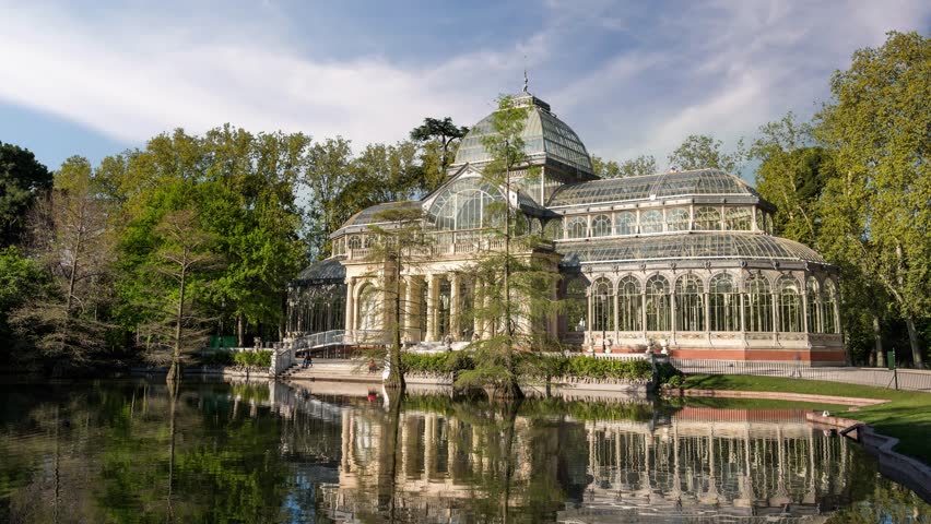 Madrid Spain time lapse, city skyline at El Retiro Park Glass Palace