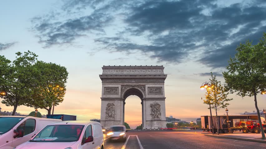 Paris France time lapse, sunrise city skyline at Arc de Triomphe and Champs Elysees Royalty-Free Stock Footage #3436956677