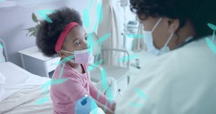 Animation of dna strand over african american female doctor vaccinating girl patient in mask. Treatment, data, digital interface, connection, hospital and healthcare, digitally generated video.