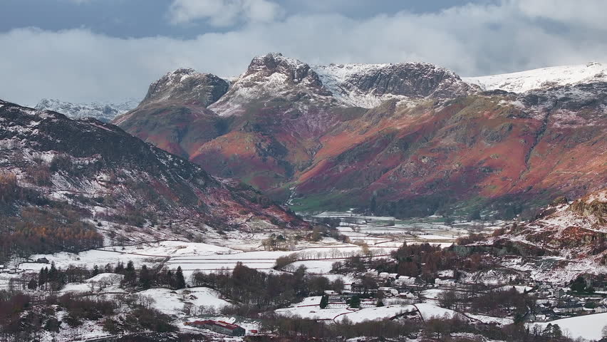 Aerial of the Great Langdale valley and Langdale Pikes, Cumbrian mountains, Lake District National Park, Cumbria, England