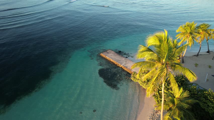 People with surfboard at Caravelle Beach, Sainte-Anne, Guadeloupe. Aerial top-down view