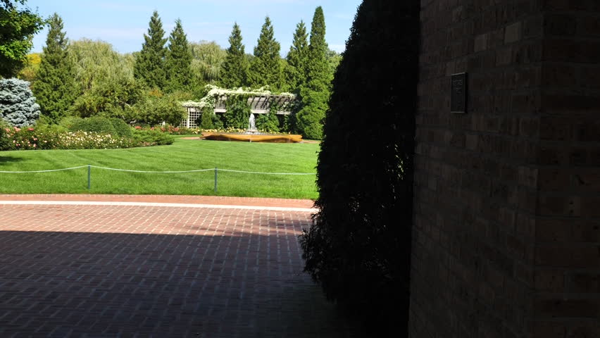 Fountain, Meadow and Green Landscape in Park of Chicago Botanical Garden, Glencoe IL USA