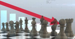 Animation of downward arrow, graph and processing data over chess pieces on board. Strategy, competition, data, digital interface, connection and communication, digitally generated video.